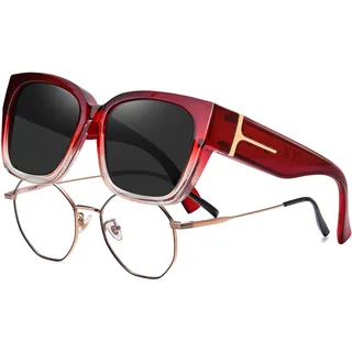 KANASTAL Übergröße Überzieh Sonnenbrille Herren und Damen Polarisiert Überbrille Sonnenbrille für Brillenträger UV400 Sonnenschutz, Rot Rahmen Schwarz Gläser - L