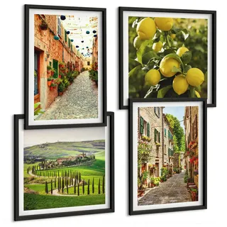 BILDER SET 4er Set - 50x50 cm & 40x60 cm Schwarzer Rahmen - Bezaubernde Straßen voller Zitronenblüten