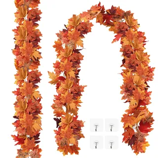 SOMYTING 2 Stück Künstliche Ahornblatt Girlande Herbstblätter unechte Herbstlaub Girlande Hängende Reben Herbstdeko blätter für Zuhause Küche Garten Erntedankfest Abendessen Party Kamin Dekoration