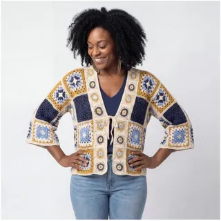 OriginalYou Strickjacke Damen Häkel Jacke Sommerjacke Strick Bolero One Size 38-42 (38/40 relaxed, 40/42 regular), Vintage Sommerlook blau