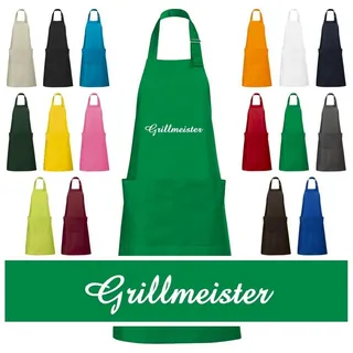 Schnoschi Grillschürze Hochwertige Küchenschürze mit Grillmeister bestickt, Grill Schürze, Stickerei Grillmeister, Große Tasche mit 2 Fächern, Metallschlaufe grün