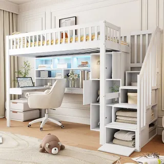 Flieks Etagenbett 90x200cm mit Schreibtisch & Regal, Hochbett mit LED & Schrank, Kinderbett Jugendbett mit Schubladen, Stockbett Einzelbett Weiß - Weiß