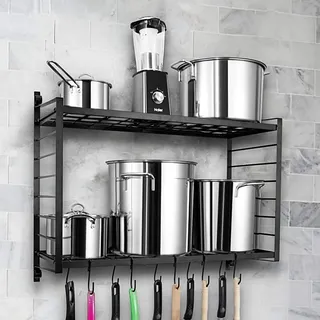 BestVida SparkWorks Topf-Rack, 2-Schicht Eisen Küchenregal Wandmontage, Pfannenhalter mit 12 Haken, Küchenutensilienhalter, Küche Wandregal für Töpfe und Pfannen