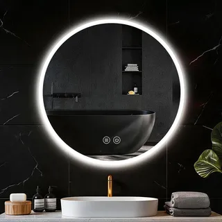 Badspiegel mit Beleuchtung, 60cm Runder LED Bad Spiegel Beschlagfrei Rund | Spiegel Rund Mit Beleuchtung, Badspiegel Mit Touch Schalter Speicherfunktion 3 Lichtfarben, Dimmbar, HD Hartglas Wandspiegel