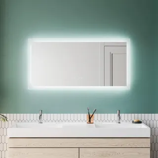 SUNXURY Badspiegel mit Beleuchtung beschlagfrei 120x60 cm LED Badspiegel Lichtfarbe einstellbar mit Uhr und Touch Temperaturanzeige Badezimmerspiegel 3 Lichtfarbe