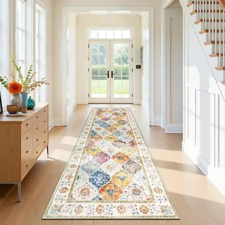 SHACOS Läufer Flur 80x300 cm rutschfest, Langer Teppichläufer Waschbar Bunt | Flurläufer Vintage Weich, Gummierte Rückseite, Boho Teppich Läufer für Küche, Eingang, Vorzimmer, Wohnzimmer