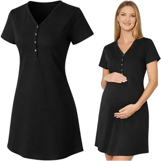 HEYO Stillnachthemd mit Knöpfen Nachtkleid Geburtskleid 100% Baumwolle Umstandskleidung mit Stillfunktion Kurzarm Schlafshirt mit Knopfleiste Schwarz Bequemes Stillkleid (Schwarz, (Schwarz, XXL) - XXL