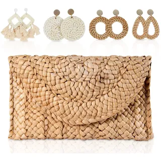 EVEOUT Handtasche aus gewebtem Stroh für Damen Vintage Clutches Brieftasche Strand Urlaubstasche (Strohhandtaschen-Set Beige)