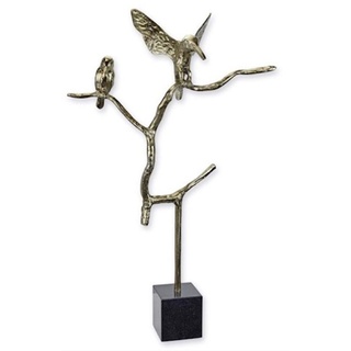 Casa Padrino Luxus Aluminium Deko Skulptur Vögel auf Ast Silber / Schwarz 45,6 x 15,2 x H. 75 cm - Aluminium Deko Figur mit Marmorsockel - Wohnzimmer Deko - Schreibtisch Deko