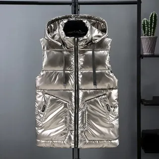 CWENROU Damen Ärmellose Daunenweste - Mode Damen Winter Daunenweste Retro Grau Kapuze Kurze Glänzende Ärmellose Daunenjacke Weste Warme Outdoor Sport Winddichte Jacke Elegante Casual Party