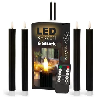 Novaliv, LED Kerzen, Stabkerzen LED mit Timer SCHWARZ 6 Stück Indoor 6 Stunden ECHTWACHS gerippt 23cm Höhe für Kerzen (6x)