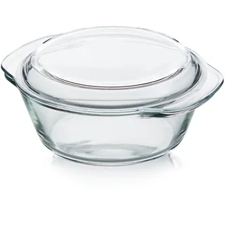 KHG Auflaufformen aus Glas mit Deckel 1,5 Liter Rund für kalte & warme Speisen, spülmaschinenfest, mikrowellengeeignet, Glasbräter Glasform Backform, 23x10x21 cm