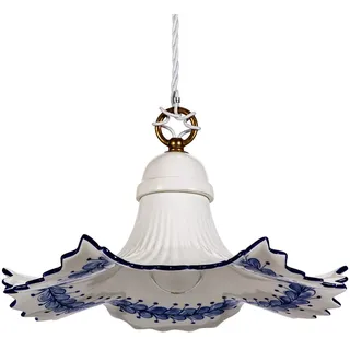 Pendelleuchte Keramik weiß Landhausstil Keramiklampe Küche blau dekoriert | Helios Leuchten 207166 Küchenlampe weiß - blau handbemalt, Deckenlampe für Esstisch Küchentisch, Aufhängung Stoffkabel 1xE27