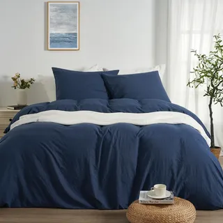 Duvetnova Bettwäsche 240x220 Superweiche Gewaschene Mikrofaser Baumwollähnlich ÖKO-TEX 1 Bettbezug 240x220 cm + 2 Kissenbezüge 65x65 cm - alle mit Reißverschluss Bettwäsche Blau Dunkelblau Sommer
