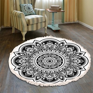 Teppich Rund Bohemian Blume Groß Teppich Mandala Muster Quasten Waschbarer Baumwolle Teppich Wohnzimmer Schlafzimmer (200cm,Schwarz)