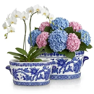 Blauer und weißer Keramik-Pflanztopf – Vintage Floral Oval Cachepot Vase für Zimmerpflanzen, Blumen & Sukkulenten – Glasierte dekorative Schale im chinesischen Porzellan-Stil – 18,8 cm oder 26,9 cm
