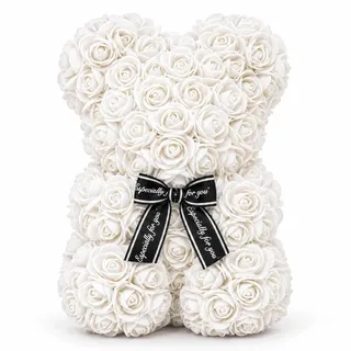 Brandsseller Rosenbär 25x16 cm handgefertigter Teddybär aus Kunstblumen Geburtstag Muttertag Weiß