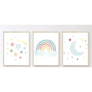 CULASIGN 3er Set Poster Bilder Kinderzimmer,Regenbogen Sonne Wolke Sterne und Mond Wandbilder Kinderzimmer Poster,Deko Bilder Babyzimmer Mädchen und Jungen (B)