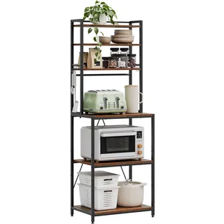WOLTU Küchenregal stehend mit 6 Ablagen, Standregal Küche mit 6 Haken, Bäckerregal aus Metall & Ingenieurholz, Mikrowellen Regal für Wohnzimmer, 60 x 167 x 40 cm, Rustikales Braun+Schwarz