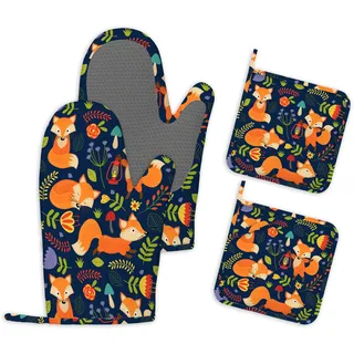 Niedliche Füchse Silikon Ofenhandschuhe und Topflappen 4er-Set Topfhandschuhe Hitzebeständig Backofen Handschuhe rutschfest Küchenhandschuhe Kochhandschuhe zum BBQ Backen und Grillen