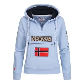 Geographical Norway Damen Hoodie Gymclass Sweater Zip-Kragen Brusttasche Stickerei Kängurutaschen, Sky Blue, Gr:XL - XL