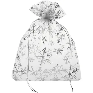 10 Organzasäckchen mit weihnachtlichem Motiv 150 x 200 mm | Schneeflocke/Eiskristall, weiß, silber