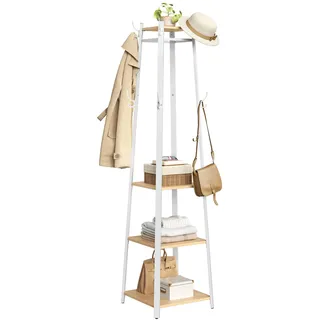 VASAGLE Garderobenständer, Kleiderständer, Garderobe mit 8 Doppelhaken, 4 Ablagen, Kleiderstange, mit Metallrahmen, für Schals, Jacken, Taschen, für Flur, goldeichenfarben-wolkenweiß LCR080W09