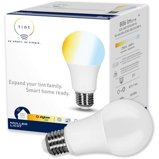 tint Smarte LED-Birne E27 – Steuerbar per Alexa oder Fernbedienung – Dimmbare E27 Glühbirne mit weißem Licht (2700-6500 K), 9 W