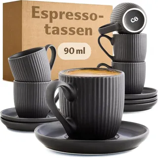 Cosumy Espressotasse Espressotassen Schwarz Matt 6er Set, 12-tlg., Keramik, Einzigartiges Streifendesign schwarz