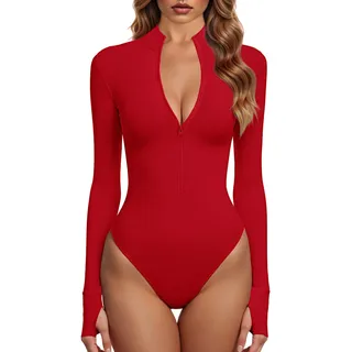 GJY Bodys Für Damen Ein Stück Zip Front Langarm Oberteile Jumpsuits,Kandis Rot - XL