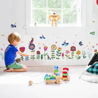 WandSticker4U®- Wandtattoo Kinderzimmer BLUMEN bunt groß (193x95 cm) I Wandsticker Kinderzimmer Blumen Wiese Wilde Blumen Frühling I Wandaufkleber Kinderzimmer Deko Mädchen Junge Möbelsticker XXL