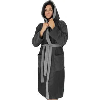 normani Damenbademantel, 122, Baumwolle, Kapuze, Bindegürtel, Saunamantel aus 100 % Baumwolle für Damen und Herren grau|schwarz XL