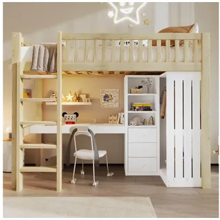 Ulife Hochbett Hochbett mit Schreibtisch, Schrank & Schubladen (Natur) 90 cm x 205 cm x 180 cm