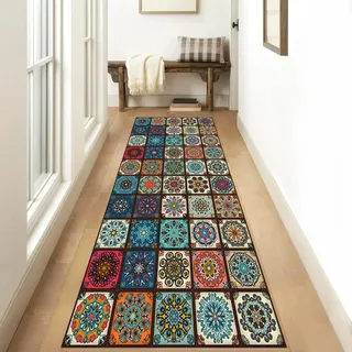 Siunwdiy Teppichläufer rutschfest Modern Marokko 100x220cm Bunter Meterware Waschbar Teppich Läufer Flur Schlafzimmer Korridor Küchenlaufer Lang, Anpassbare Größe, 40-100cm Breit