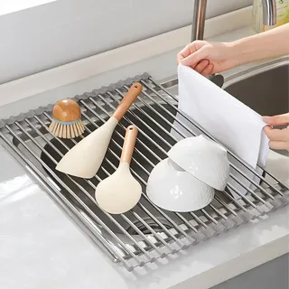 Laphontab Abtropfgestell Geschirr, Geschirrabtropfgestell Edelstahl über Dem Spülbecken, Abtropfmatte, Faltbare Abtropfgitter spüle Küchen Organizer für Spültuchhalter, Obst, Gemüse. (Grau(43 * 35))