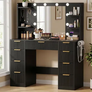 JUMMICO Moderner Schminktisch Frisiertisch mit Beleuchtung & Steckdose, Großer Spiegel, 9 Schubladen, Vanity Desk mit Haartrocknerhalterung, Make-up Tisch für Schlafzimmer,Schwarz