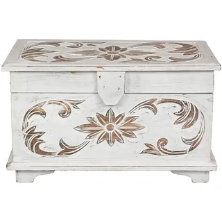 Oriental Galerie Truhe Holzkiste Holztruhe Schatztruhe Kiste Box Palmenholz Holzbox Blumen Schnitzereien Shabby Used Look Weiß Groß 60 cm Design 2