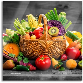 Pixxprint Glasbild Frisches Obst und Gemüse im Korb, Frisches Obst und Gemüse im Korb (1 St), Glasbild aus Echtglas, inkl. Aufhängungen und Abstandshalter bunt 80 cm x 80 cm