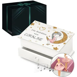 Maverton personalisierte Musik Schmuckdose mit Aufzieh-Spieluhr - Schmuckkästchen Ballerina - Musikspieldose für Mädchen zur Geburt - zum Geburtstag - Weihnachtsgeschenke - mit Schublade - Mond