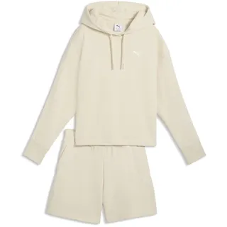 Jogginganzug PUMA "Relaxed Kurzer Trainingsanzug mit Kapuze Damen", Damen, Gr. L, beige (alpine snow weiß), Obermaterial: 68% Baumwolle, 32% Polyester. Kapuzenfutter: 100% Baumwolle. Rippe: 97% Baumwolle, 3% Elasthan, Sportanzüge Jogginganzug