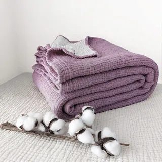 Vierlagige, zweifarbige Musselin Decke, sehr weich, ultraleicht. . Stoff. Verfügbar für Erwachsene, Jugendliche, Kinder und Babys. (Einzeldecke Ohne Fransen 160 x 220 cm, Flieder und Beige)