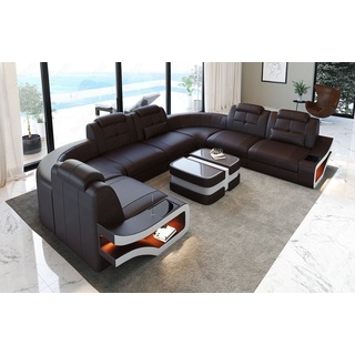 Sofa Dreams Wohnlandschaft Leder Couch Sofa Elena U Form Ledersofa, U-Form Ledersofa mit LED-Beleuchtung braun