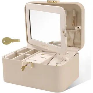 LuxusKollektion Schmuckkasten Schmuckkästchen mit Spiegel und Schloss, Wasserdicht, Groß, Beige beige