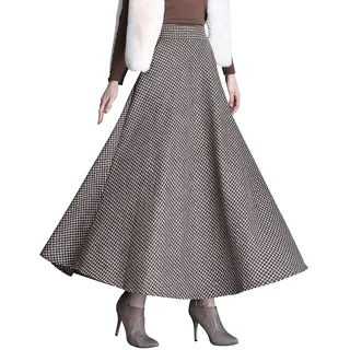 Damen Lange Rock Elegant Wollrock Winterrock Warm Plaid Casual Party Maxirock Hohe Taille A-Linie röcke Retro Elastische Taille Faltenrock Khaki 1027 -S - S