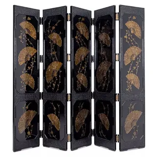 Casa Padrino Luxus Raumteiler Schwarz / Gold 220 x 3 x H. 182 cm - Faltbarer Massivholz Paravent im chinesischen Stil - Schlafzimmer Möbel - Hotel Möbel - Luxus Möbel