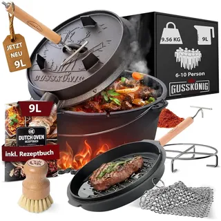 Dutch Oven Set 9L Gusseisen Feuertopf Schmortopf 2in1 Zubehör eingebrannt