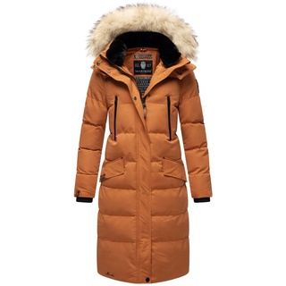 Marikoo Schneesternchen Langer, veganer Damen Winter Steppmantel mit abnehmbarer Kapuze und Kunstfellkragen Rusty Cinnamon Gr. 44 - XXL