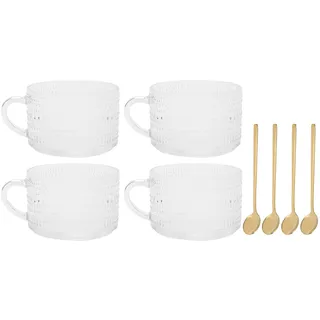 YLSZHYR 4 Stück Glasbecher Nordeuropäischer Relief-Frühstücksbecher Eiskaffeetasse Retro-Griff Transparentes Wasser Milchwasser Latte Teetasse Weithals-Smoothiebecher für(Wellenpunkt mit Löffel)