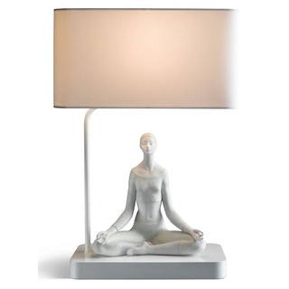 Casa Padrino Luxus Tischleuchte Grau / Weiß 38 x 20 x H. 54 cm - Designer Tischlampe mit dekorativer Yoga Porzellan Figur