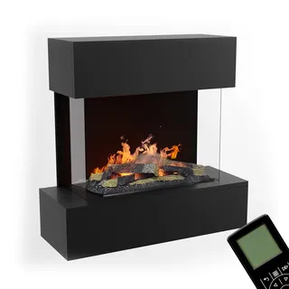 GLOW FIRE Wasserdampf Kamin HÖLDERLIN (Wandkamin) - Elektrokamin für die Wand mit realistischen LED 3D-Flammen, Knistereffekt & Fernbedienung, 80x78x37 cm, Opti-Myst 600 mit Holz-Deko, Schwarz